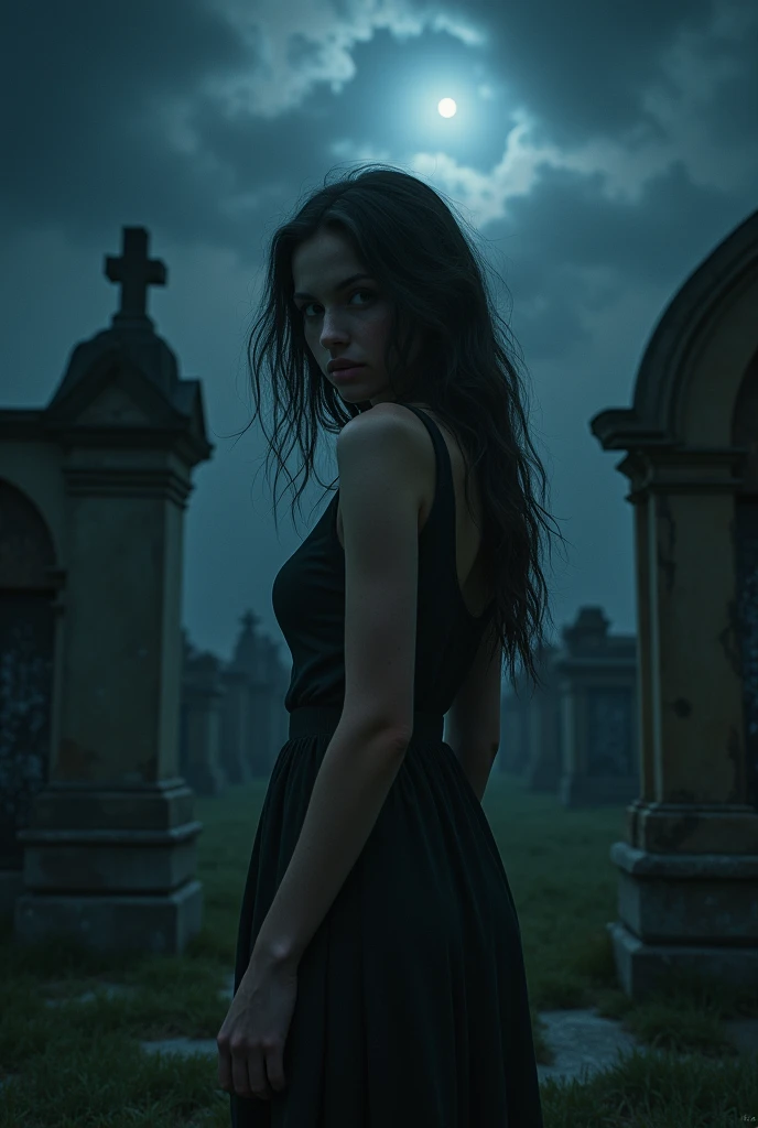 Woman in a cemetery at night looking back scared 