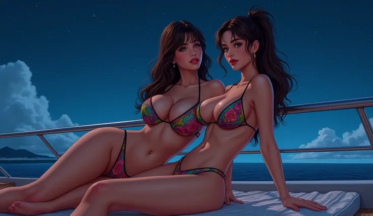 two girls  ((large rounded chest size 6)), in a multicolored micro swimsuit, realistically on the deck of a yacht, night starry sky, realism,   long range