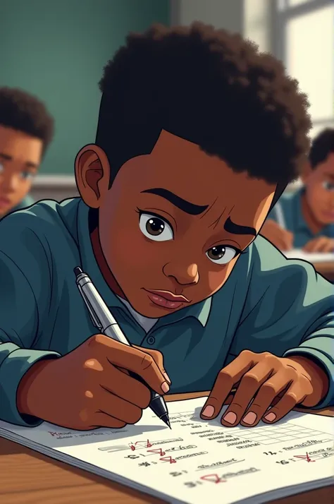 Maine of a black boy with a pen on his exam sheet there is a lot of erasure because the pen refuses 