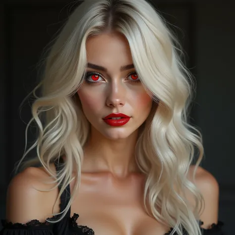 Caucasian, platinum blonde, red eyes, red lipstick, wavy long hair, bust, reality. 