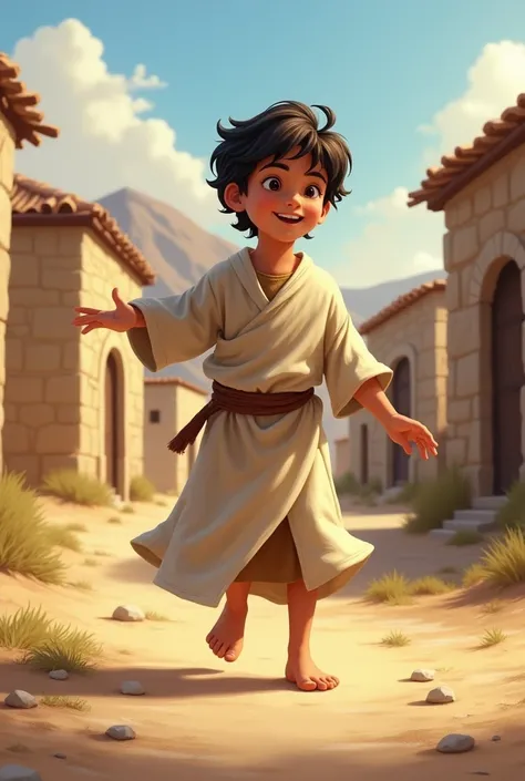 Jonah as a  :
 A boy with dark, short hair ,  dressed in a simple linen robe ,  playing happily in an ancient biblical setting ,  such as a Hebrew village with stone houses and dirt roads .  The background shows a warm landscape with mountains and clear sk...