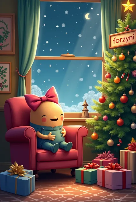 , a bald minion with a pink bow is sitting at home in a warm, cozy chair next to a beautiful Christmas tree surrounded by a lot of gifts, There is a sign on the tree with the inscription  "forzyni "  and looks into the night sky through the window 