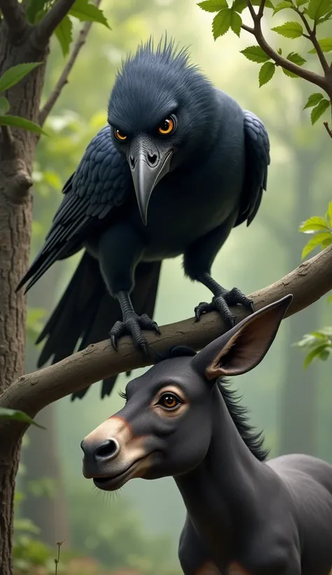 A clever-looking crow sits on a nearby tree branch, smiling slyly, listening to the donkey. It responds, "Don’t worry! I’ll make it easier for you by poking holes in the sacks."