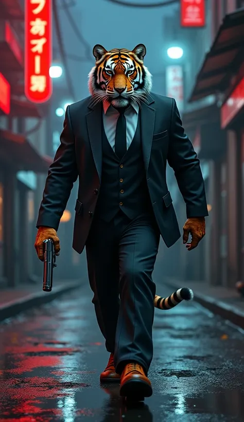 Tiger as mafia gangster walking in a street with gun. 8k, HDR, highly detailed 