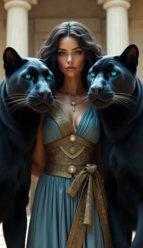 Create a realistic scene from Greek mythology: two black panthers, stately blue eyes walking forward in the middle, a woman in charge, a panther on either side of Greek mythology. 