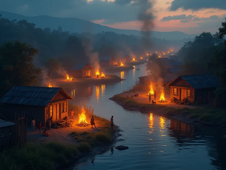 In Cambodia, there are about 10 to 20 houses, many people live by the river at night, there is a fire in every house