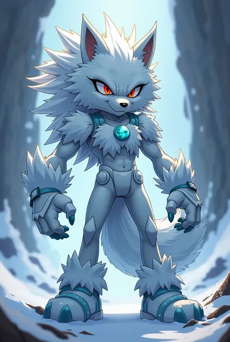  a hybrid wolf of a hedgehog and a wolf that is white and with a cold look , Let it be 2D in the Sonic style let it be furry with clothes and boobs