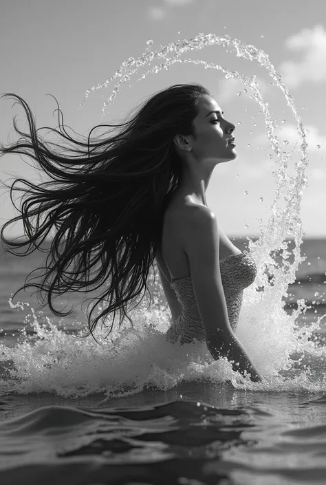 Reproduce the iconic image of Cleopatra,as the little mermaid, emerging from the water. Cleopatra is shown in profile, rising from the ocean, while she pushes her head back forcefully, causing her long, soaked wet black & white hair to follow the motion, f...