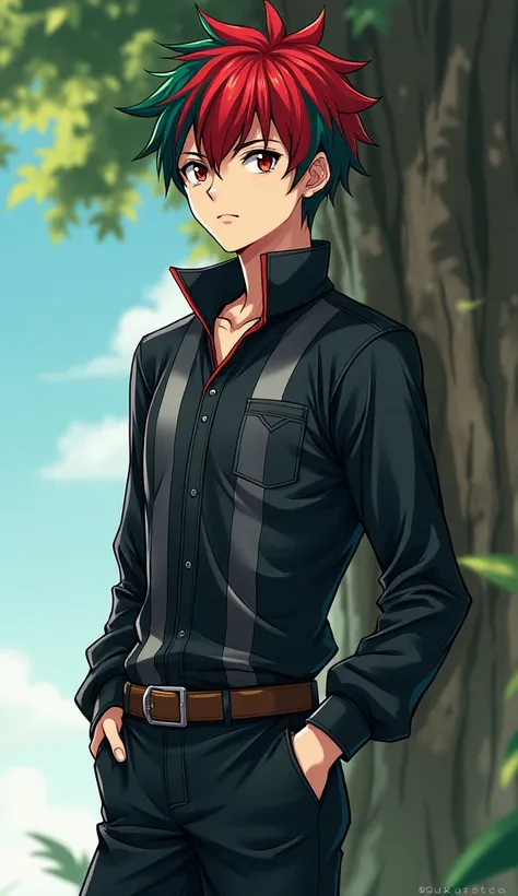 A man Anime Character With Height Of 6.5 feet height with red and green mixed short quiff hair style and red and blue colour eyes wearing Black and white mixed shirt and Black pant standing next to the treeHigh Resolution, Masterpiece, Accurate, Best Quali...