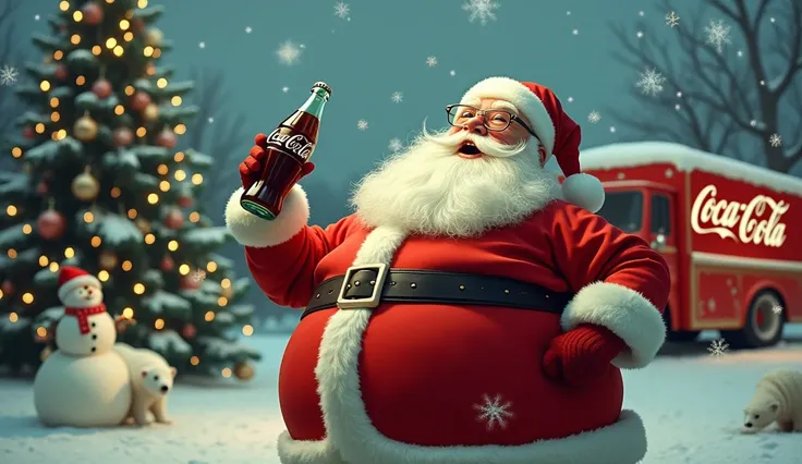 50s style, Santa Clause, Christmas time, 50s style, coca-cola ad, photography, David LaChapelle, realistic, detailed photo, Christmas eve, Christmas tree, snowing, winter village, snowman, polar bear, Coca-Cola truck