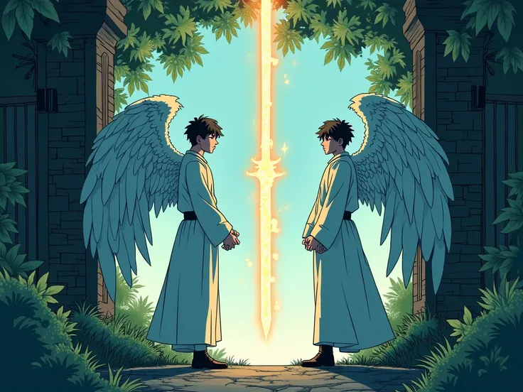 two angels guarding the gates of a garden, those angels were men ,  and in the midst of them was a fiery sword. Make the image in the manga style ,  as if it were drawn by Gege Akutami, use shades of blue , whites and blacks, greens, among other variations...