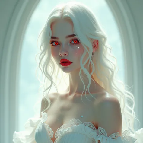 white girl , platinum blonde, red eyes, red lipstick, wavy long hair, bust, reality. White clothes, bright atmosphere. 