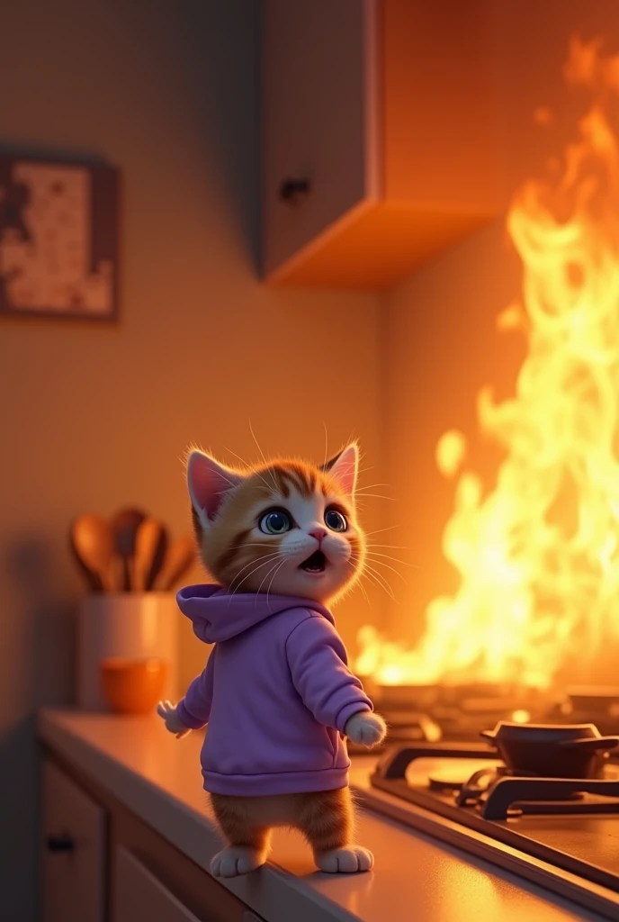   Fire Breaks Out
Suddenly, the flame grows uncontrollably, and a fire erupts on the stove. Flames leap high, and
 kitten, in a light purple hoodie kitten freezes in fear. Smoke fills the kitchen as the fire starts to spread. The kitten, wearing a panicked...