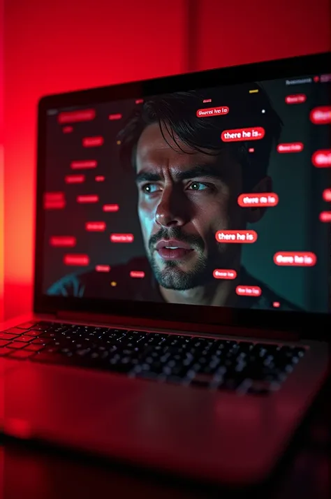 A live-stream chat window,* filled with chilling messages and emojis from anonymous users,* modern era,* sinister digital fonts on a red background,* displayed on a laptop screen with Daniel’s terrified reflection,* messages like “There he is” flooding the...