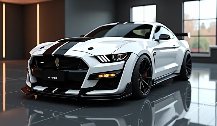 create an ultra-detailed 3D render, of a 20225 shelby gt500 modern 2025 with a bold design looking long like limousine captured from close back light view. The car should feature a white color and black accents with its logo on its back, a large white deta...