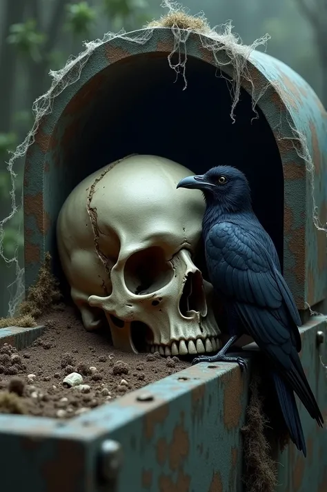 I need a composition of a skull, a crow ( the animal ), a casket and cobwebs 
