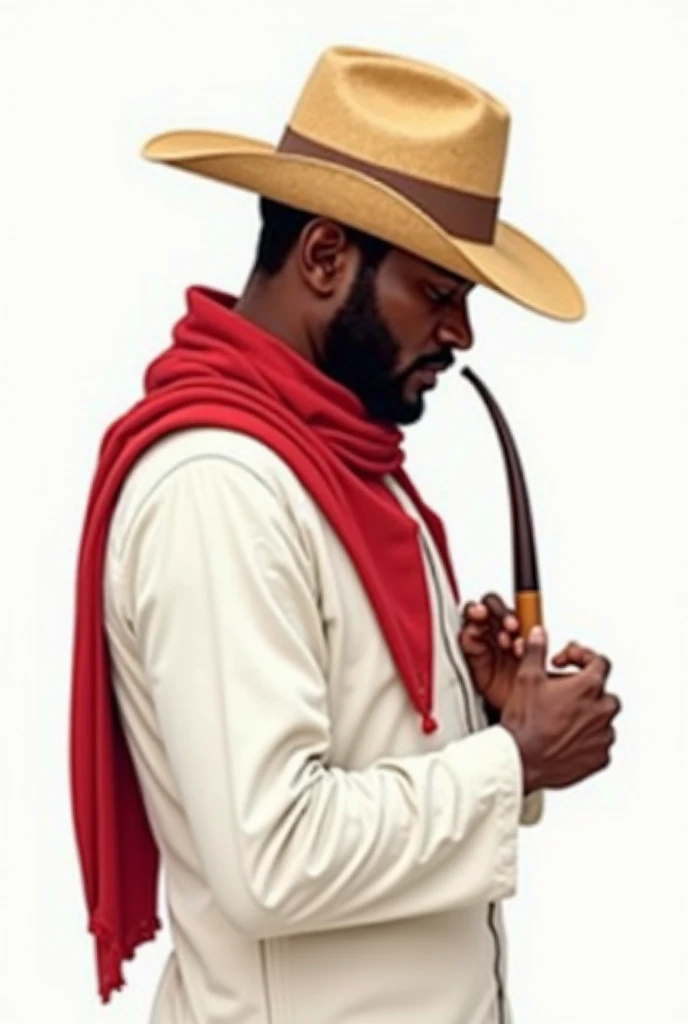  Create the image of a black man ,  with white clothes and a triangular scarf around his back in red. The man has his head down, She carries on her head a straw hat that covers her entire face.  in his hands that are resting on his legs ,He carries an indi...