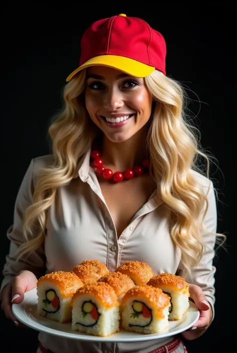 waist-up photo, mulatto, a little bit in the body, round face, nice smile, with very thick, voluminous, long, light, highlighted, corrugated, wavy hair, on top is a red cap with a yellow visor, red beads on the neck, She is wearing a light blouse, holds a ...