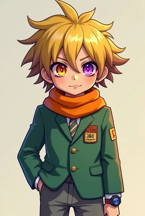  old boy,  yellow hair with brown touch ,  green student suit ,  right eye orange ,  left eye purple, gray pants ,  orange scarf and digital watch on the left wrist