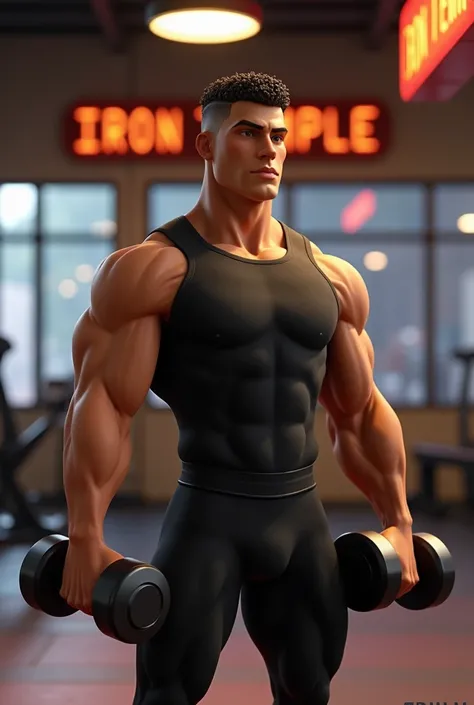 Pixar ,  personalized trainer , high, with short curly hair ,  medium brown male doll , bodied,  Dressed in black,  in the hand, dumbbells ,  in the gym where there is a sign on the back that says the Iron Temple 