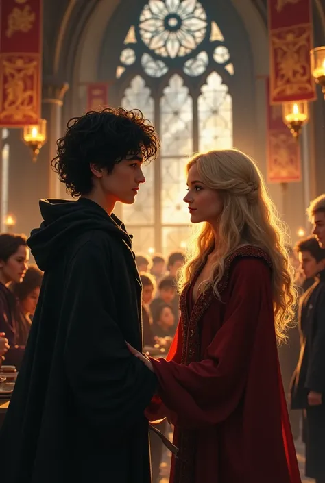 Teenager Sirius Black is asking out a hazel eyed and dark blond haired gryffindor witch to the Yule Ball at the morning breakfast at the Great Hall of Hogwarts.