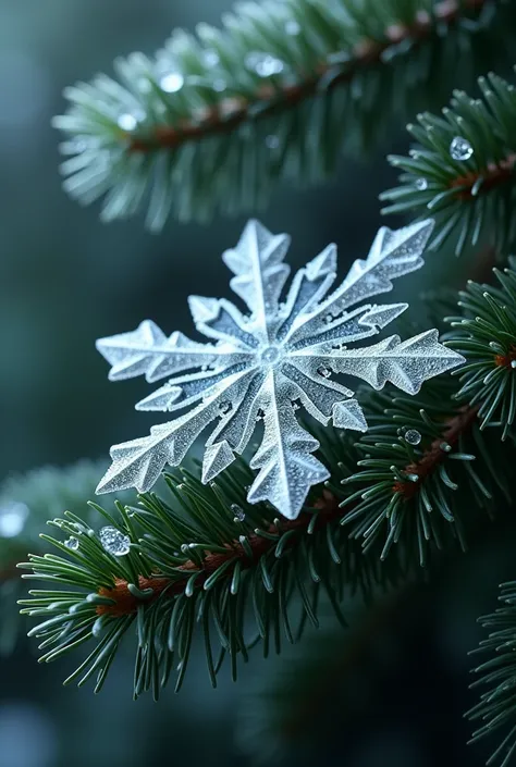 Large snowflake fallen on fir branches 