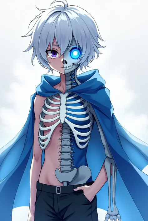 Anime. Boy is . White disheveled hair. The blue eye. The left part of the body is human, the right part of the body is a skeleton. The eye socket of the skeleton is blue. He is dressed in a blue cape, wears black shorts
