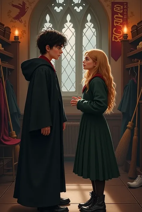 Charming teenager Sirius Black is asking out a hazel eyed and dark blond haired gryffindor witch to the Yule Ball while they are preparing for playing Quidditch. They are at the players dressing room at Hogwarts.