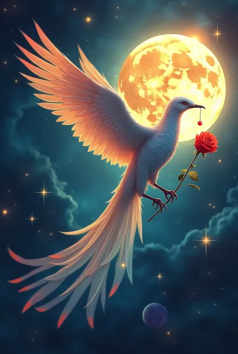  A beautiful bird of spectral colors carrying a large red rose in its mouth. The bird is flying across the universe between planets , stars, a bright full moon,  with the name written on the full Moon THE FLOWER OF THE KISSER FLOWER 