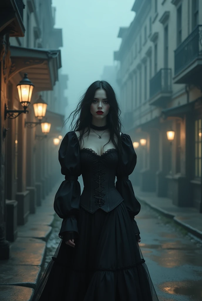 A young woman, Billie Eilish ,  walking slowly down a dark and mysterious street of a Victorian city .  She wears a black dress detailed with gothic lace ,  puffy sleeves and a tight corset . your skin is pale,  and her eyes have a supernatural glow ,  wit...