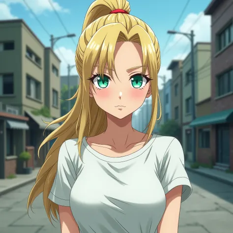  Make the anime-style image of a blonde woman with turquoise green eyes and ready hair tied in a high ponytail,  the woman wears a white t-shirt with a serious face ,  standing in the middle of an abandoned city in a zombie apocalypse , Just do it from the...