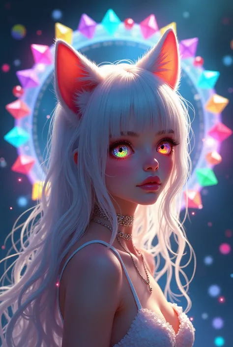 Neko girl with Rainbow hair and eyes with multiple colored gems behind her in a circle