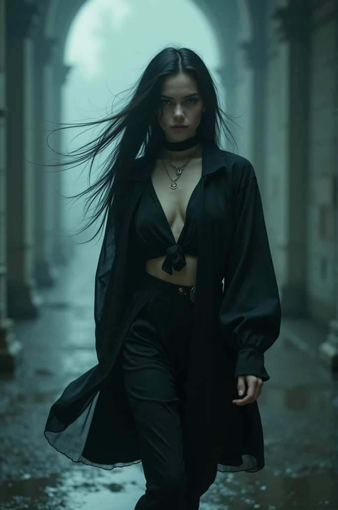  A young woman with traits similar to Billie Eilish , Walking Slowly Vampire Go Forward 