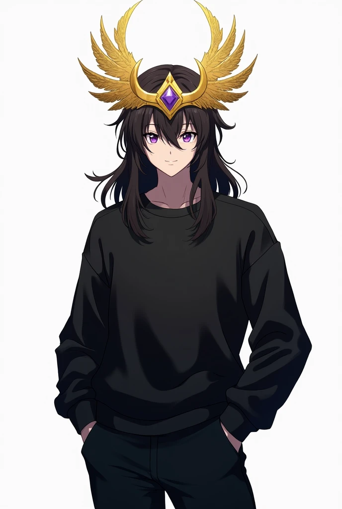 Draw a dark-haired anime character ,black-haired brunette with a golden Valkyrie with diamond on his head in a black sweatshirt with black pants and purple eyes mens white background
