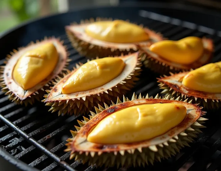 Real photography pictures, micro-overhead shots, high-definition pictures, bright pictures, a barbecue grill, on which there are 6 burnt durian fleshes, some of which are burnt on the surface, and some of which are broken into two pieces when turned over, ...