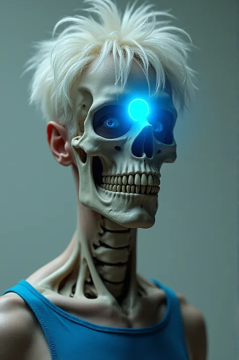 The guy is . White disheveled hair. The blue eye. The floor of the right face is in the form of a skeleton with a blue luminous circle in the eye socket. He wears a blue skin. Shorts. A cheerful look