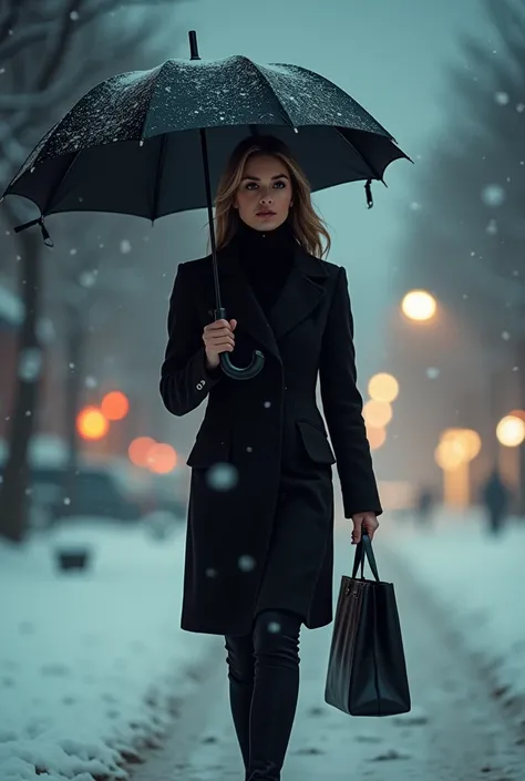 A professional woman in a tailored black coat and trousers, holding an umbrella on a snowy winter night, illuminated by soft streetlights.