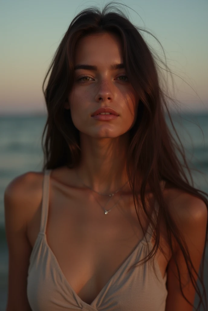 instagram photo of a glamorous brunette teenager, outside, evening, straight long hairstyle, lean, skinny, bare shoulders, best quality, highres, 4k, 8k, intricate detail, realistic lighting, amazing quality, amazing shading, soft lighting, 35mm, analog st...