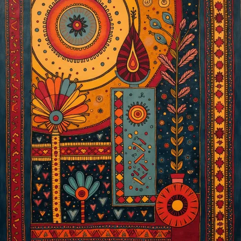 Fusion of art style by Bill Sienkiewicz , abstract background , Indian and Persian art style, rug, art background theme, zen,Aztec borders