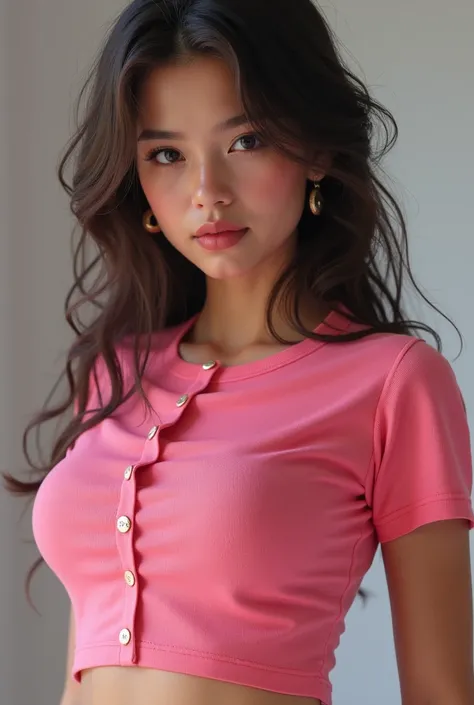 busty , Pretty Young Girl ,  in Pink Tight Short Sleeve Belly Shirt