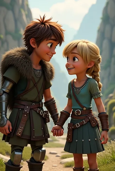  How to Train Your Dragon,  Merry brown haired boy ,  left leg metal , artificial leg ,  viking 18 years old , and Astrid blond intertwined hair light blue top riveted skirt warrior viking girl 18 years old