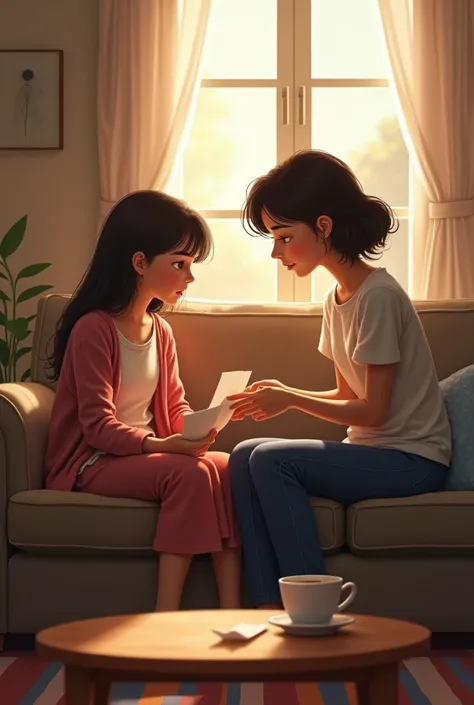 

Chapter 3:  Revelations and Justice
The image shows Sophia and her mother , Claudia,  sitting on a simple-looking couch . Claudia segura a mão de Sophia com expressão preocupada,  while Sophia , still shaken ,  holds a letter .  The conversation between ...