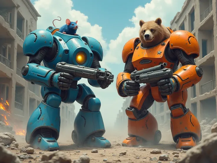 blue rats piloting a giant blue mech with a lazer cannon fighting a giant orange mech with a bear face and a lazer that comes in the mouth pilotaded by a grizzly bear and the fight is happining in a destroyed city