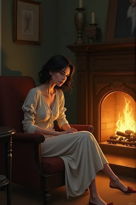 A woman is bored by the fireplace