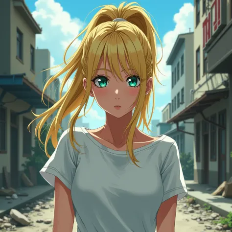  Make the anime-style image of an adult woman , about 25 years old, blonde with turquoise green eyes and ready hair tied in a high and long ponytail,  the woman wears a white t-shirt with a serious face ,  standing in the middle of an abandoned city in a z...