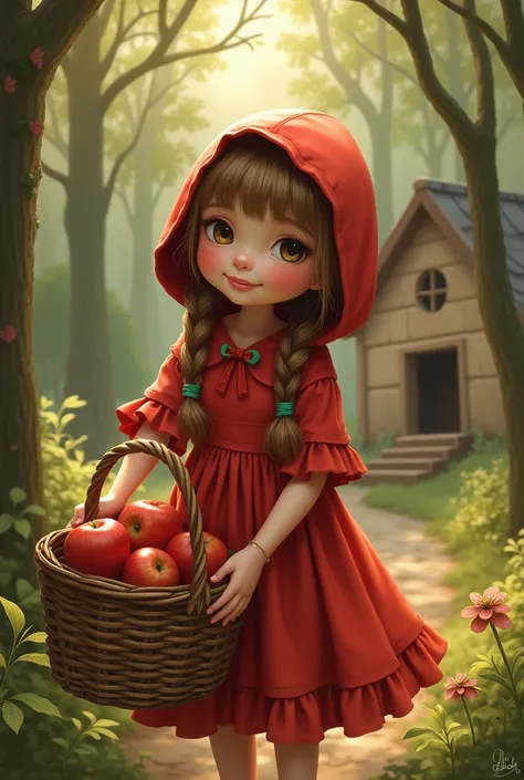 Little Red Riding Hood in a cute and tender dress with braids that holds a basket with apples and in the background the forest and her house