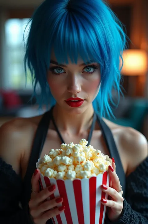 A woman with sexy blue hair who is holding a popcorn jump