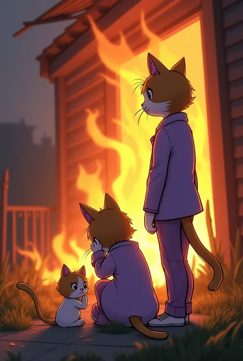 Watching Their Home Burn
Outside the house, the family huddles together.The mother cat, wearing a light purple dress.The mother hugs the kitten tightly, shielding it from the sight of the flames consuming their home.The father cat, dressed in a light purpl...