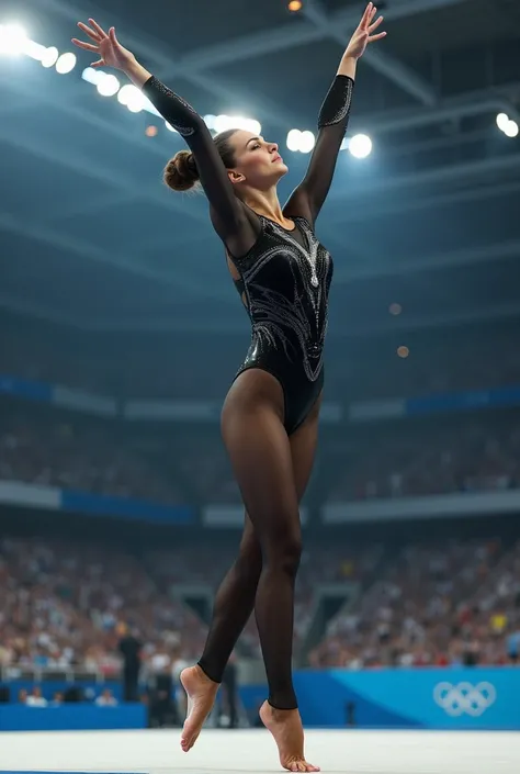  A  Ukrainian gymnast doing artistic gymnastics in a bow colt wearing black lace tights and public Olympics in the background, very attractive very realistic  