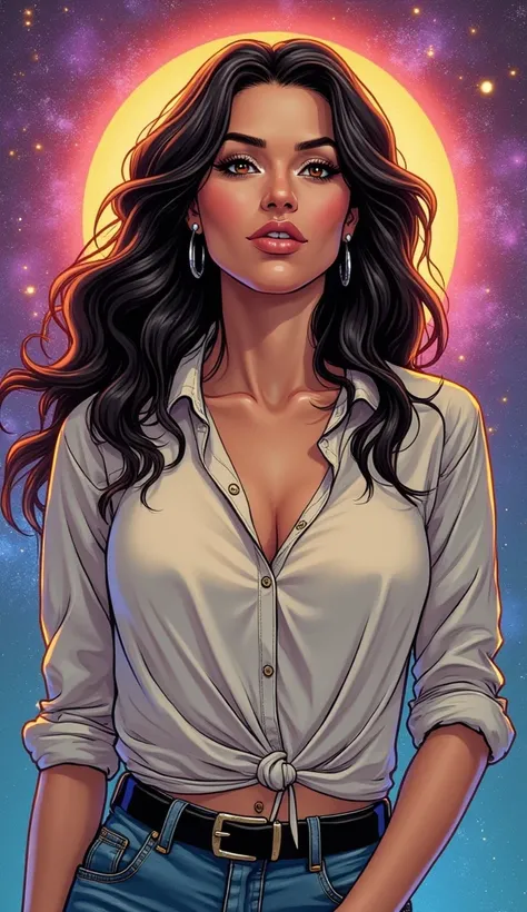 An adult American woman in comic book style, with realistic and elegant features. She is dressed in low-key, casual attire appropriate for a low-key look. She has a discreet, warm smile, and the background features vibrant colors inspired by astrological a...